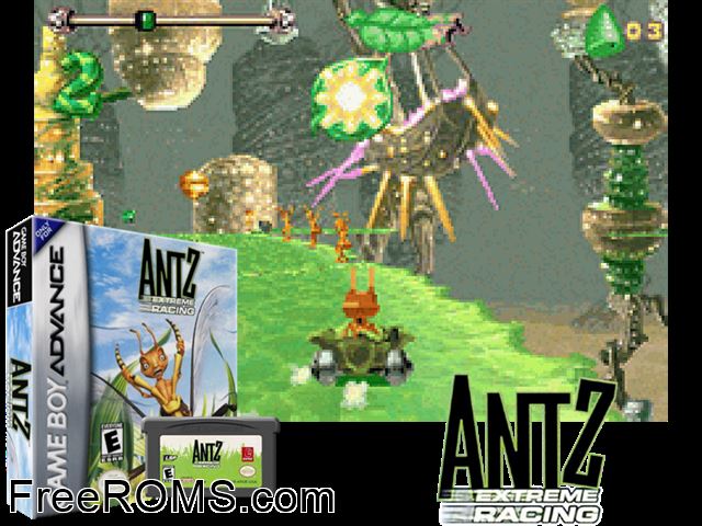 Antz - Extreme Racing Gameboy Advance game showing 3D box cover and gameplay screenshot