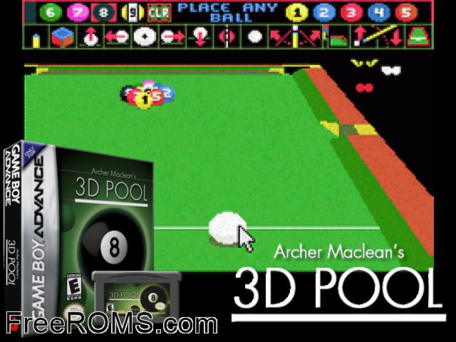 Archer Maclean's 3D Pool Gameboy Advance game showing 3D box cover and gameplay screenshot