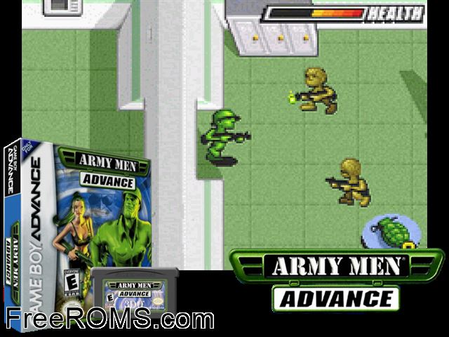 Army Men Advance Gameboy Advance game showing 3D box cover and gameplay screenshot