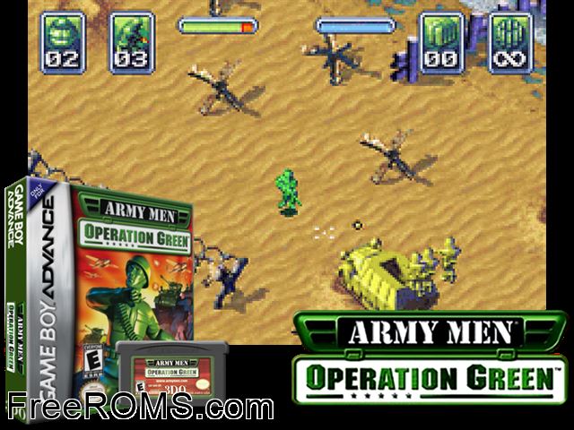 Army Men - Operation Green Gameboy Advance game showing 3D box cover and gameplay screenshot