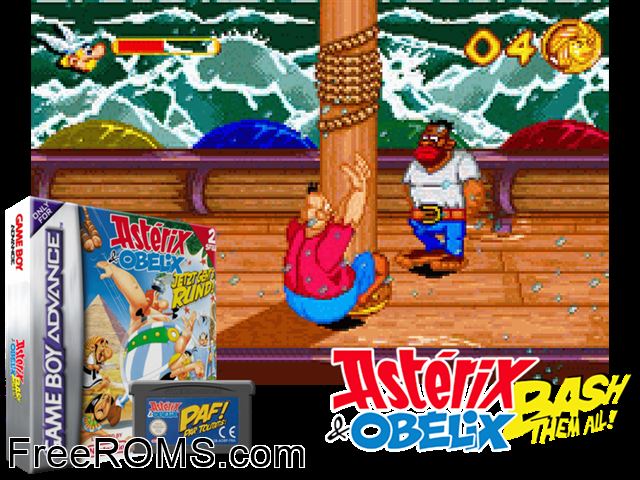 Asterix And Obelix - Bash Them All! Gameboy Advance game showing 3D box cover and gameplay screenshot