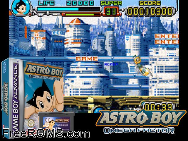 Astro Boy - Omega Factor Gameboy Advance game showing 3D box cover and gameplay screenshot