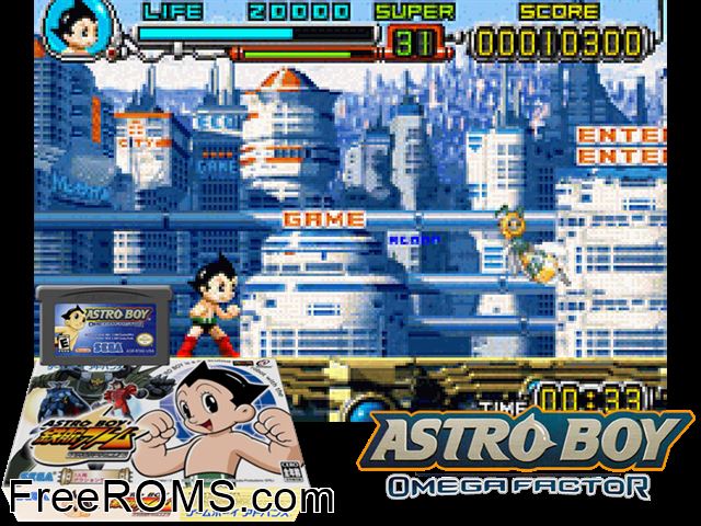 Astro Boy - Tetsuwan Atom - Atom Heart No Himitsu (Japan) Gameboy Advance game showing 3D box cover and gameplay screenshot