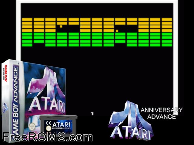 Atari Anniversary Advance Gameboy Advance game showing 3D box cover and gameplay screenshot