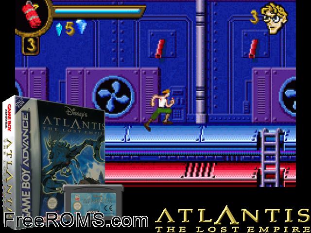 Atlantis - The Lost Empire Gameboy Advance game showing 3D box cover and gameplay screenshot