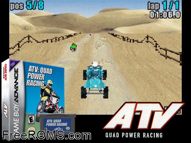 Atv Quad Power Racing Gameboy Advance game showing 3D box cover and gameplay screenshot