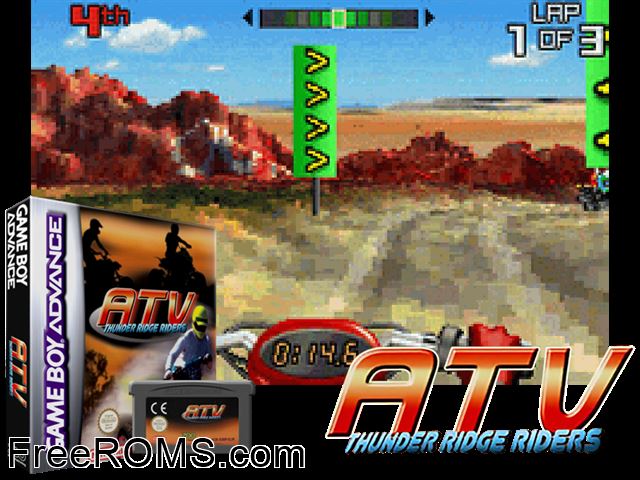 Atv Thunder Ridge Riders Gameboy Advance game showing 3D box cover and gameplay screenshot