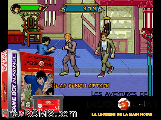 Aventures De Jackie Chan, Les - La Legende De La Main Noire (France) Gameboy Advance game showing 3D box cover and gameplay screenshot