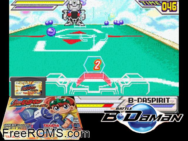 B-Densetsu! Battle B-Daman - Moero! B-Tamashii! (Japan) Gameboy Advance game showing 3D box cover and gameplay screenshot
