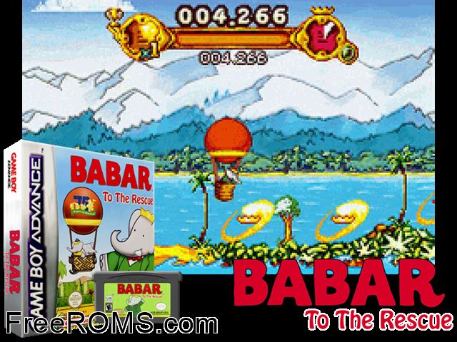 Babar To The Rescue Gameboy Advance game showing 3D box cover and gameplay screenshot