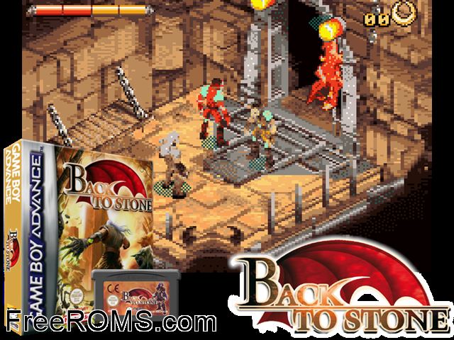 Back To Stone Gameboy Advance game showing 3D box cover and gameplay screenshot