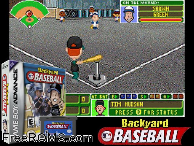 Backyard Baseball Gameboy Advance game showing 3D box cover and gameplay screenshot