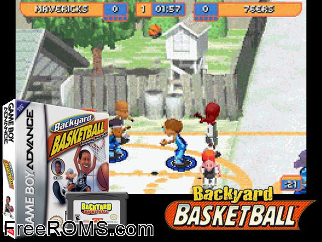 Backyard Basketball Gameboy Advance game showing 3D box cover and gameplay screenshot