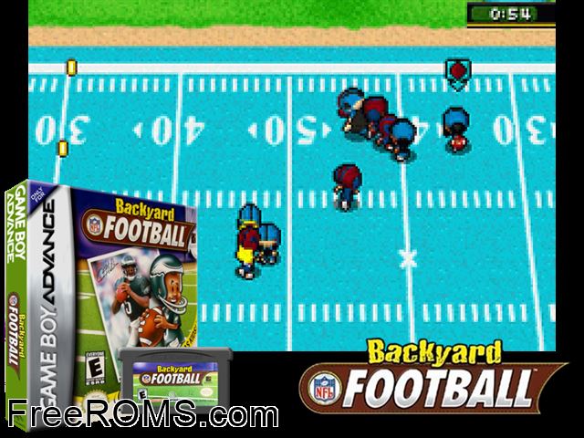 Backyard Football Gameboy Advance game showing 3D box cover and gameplay screenshot