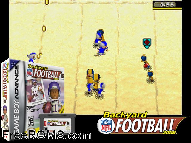 Backyard Football 2006 Gameboy Advance game showing 3D box cover and gameplay screenshot