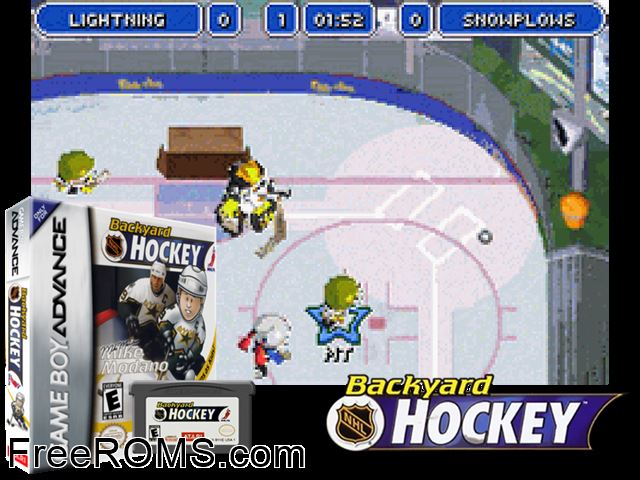 Backyard Hockey Gameboy Advance game showing 3D box cover and gameplay screenshot