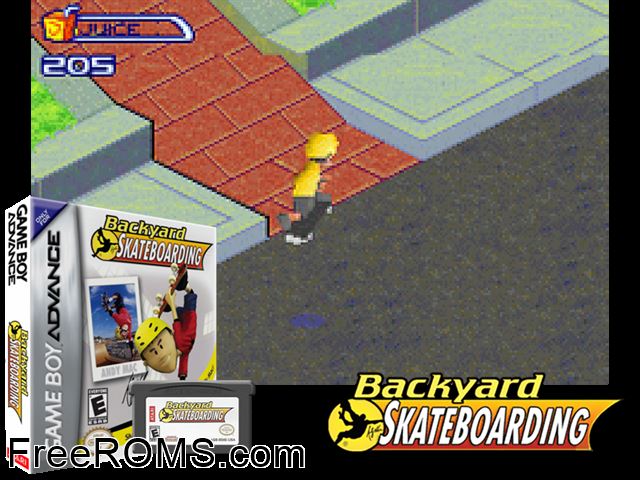 Backyard Skateboarding Gameboy Advance game showing 3D box cover and gameplay screenshot