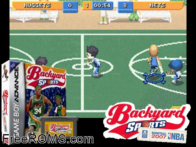 Backyard Sports Basketball 2007 Gameboy Advance game showing 3D box cover and gameplay screenshot
