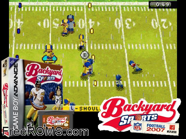 Backyard Sports Football 2007 Gameboy Advance game showing 3D box cover and gameplay screenshot