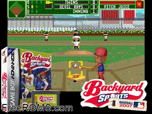 Backyard Sports - Baseball 2007 Gameboy Advance game showing 3D box cover and gameplay screenshot