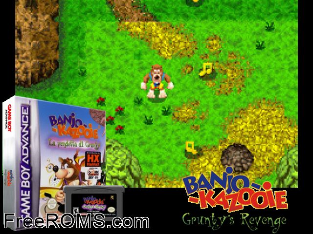 Banjo-Kazooie - La Vendetta Di Grunty (Italy) Gameboy Advance game showing 3D box cover and gameplay screenshot