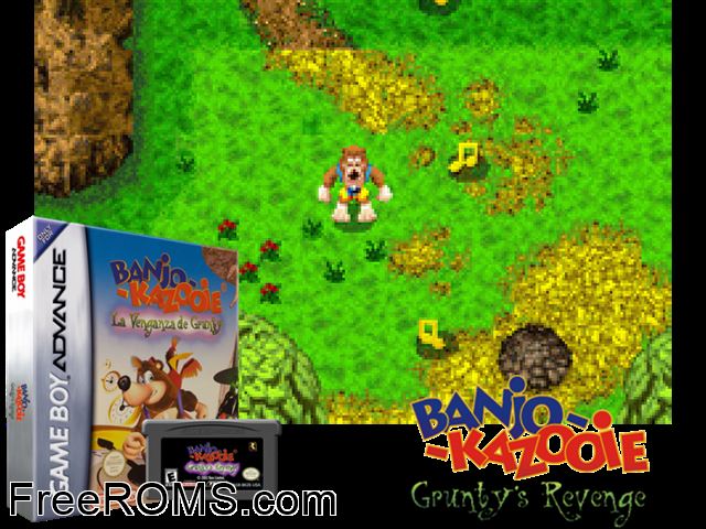 Banjo-Kazooie - La Venganza De Grunty (Spain) Gameboy Advance game showing 3D box cover and gameplay screenshot