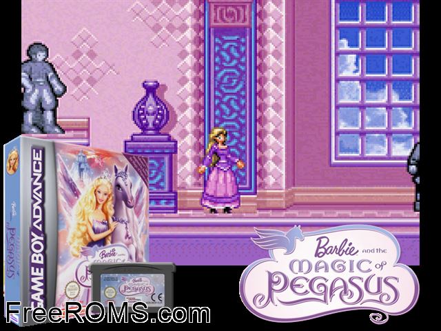 Barbie And The Magic Of Pegasus Gameboy Advance game showing 3D box cover and gameplay screenshot