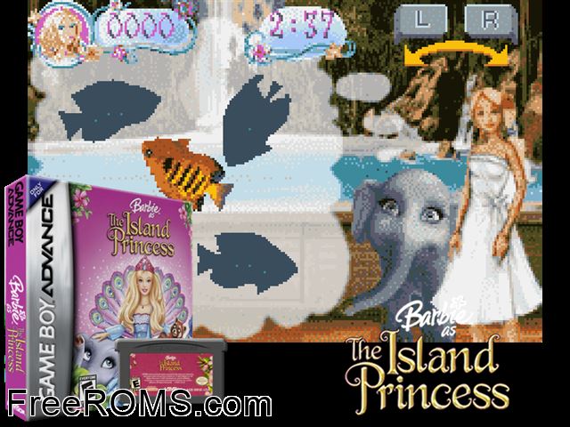 Barbie As The Island Princess Gameboy Advance game showing 3D box cover and gameplay screenshot