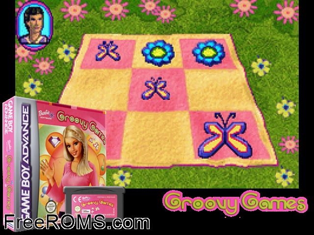 Barbie Groovy Games Gameboy Advance game showing 3D box cover and gameplay screenshot