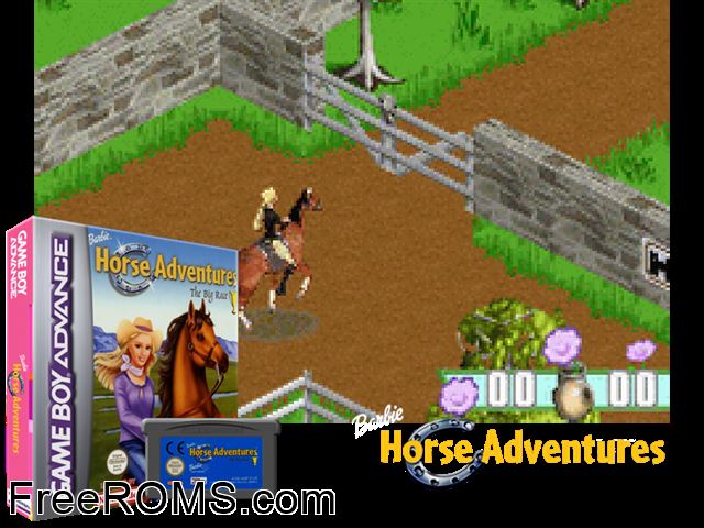 Barbie Horse Adventures Gameboy Advance game showing 3D box cover and gameplay screenshot
