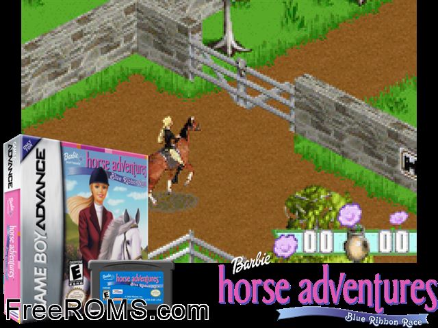Barbie Horse Adventures - Blue Ribbon Race Gameboy Advance game showing 3D box cover and gameplay screenshot