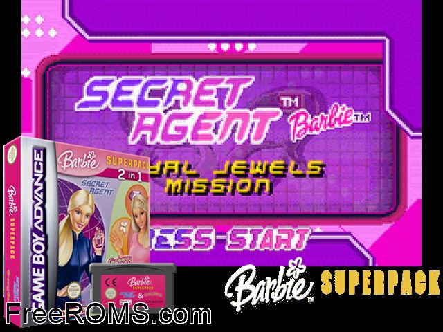 Barbie Superpack - Barbie Groovy Games + Secret Agent Barbie - Royal Jewels Mission Gameboy Advance game showing 3D box cover and gameplay screenshot