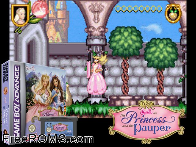 Barbie - The Princess And The Pauper Gameboy Advance game showing 3D box cover and gameplay screenshot