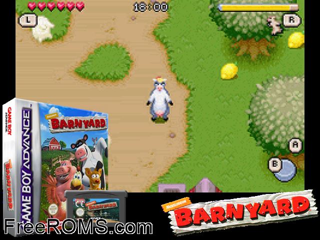Barnyard Gameboy Advance game showing 3D box cover and gameplay screenshot