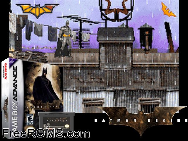 Batman Begins Gameboy Advance game showing 3D box cover and gameplay screenshot