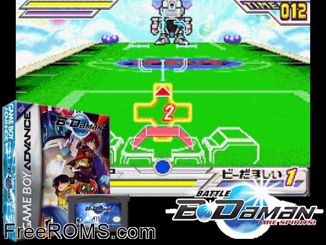 Battle B-Daman - Fire Spirits Gameboy Advance game showing 3D box cover and gameplay screenshot