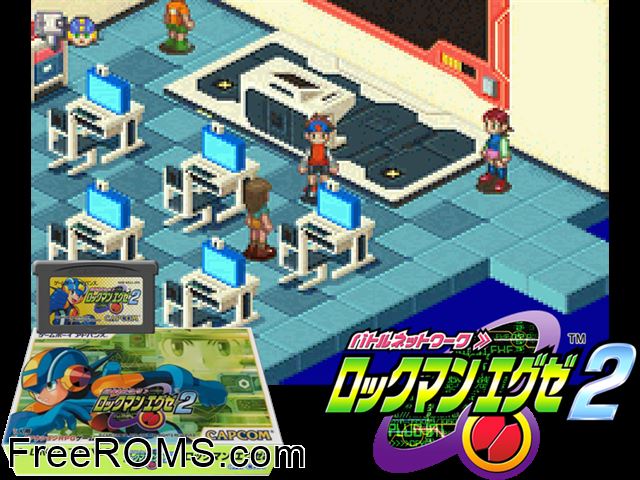 Battle Network Rockman Exe 2 (Japan) Gameboy Advance game showing 3D box cover and gameplay screenshot