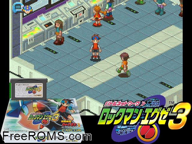 Battle Network Rockman Exe 3 (Japan) Gameboy Advance game showing 3D box cover and gameplay screenshot