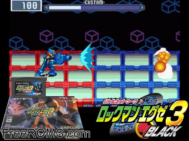 Battle Network Rockman Exe 3 Black (Japan) (V1.1) Gameboy Advance game showing 3D box cover and gameplay screenshot