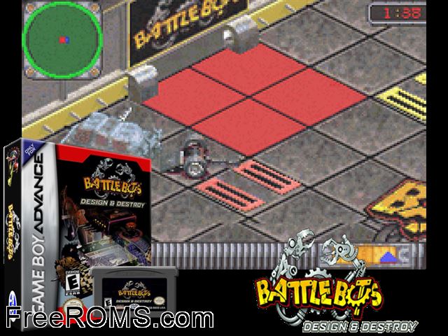 Battlebots - Design And Destroy Gameboy Advance game showing 3D box cover and gameplay screenshot