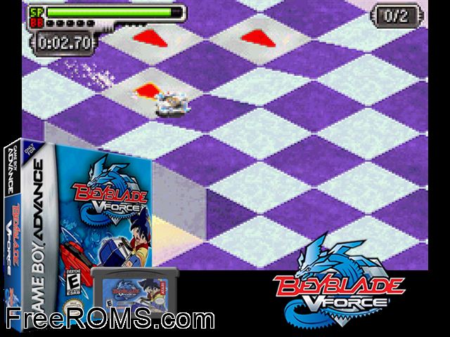 Beyblade V-Force - Ultimate Blader Jam Gameboy Advance game showing 3D box cover and gameplay screenshot