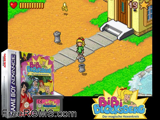 Bibi Blocksberg - Der Magische Hexenkreis (Germany) Gameboy Advance game showing 3D box cover and gameplay screenshot