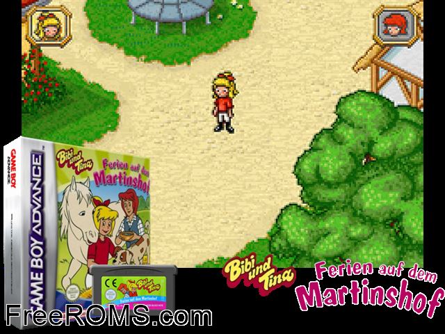 Bibi Und Tina Ferien Auf Dem Marti (Germany) Gameboy Advance game showing 3D box cover and gameplay screenshot