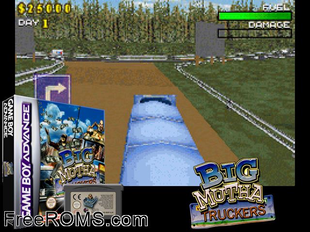 Big Mutha Truckers Gameboy Advance game showing 3D box cover and gameplay screenshot