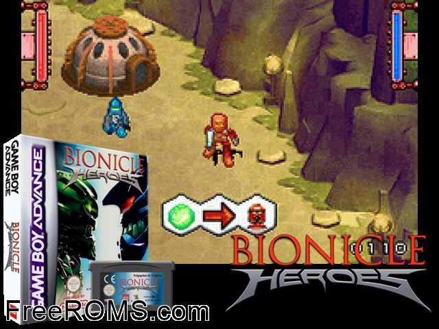 Bionicle Heroes Gameboy Advance game showing 3D box cover and gameplay screenshot