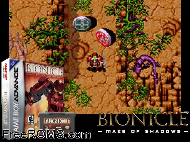 Bionicle - Maze Of Shadows Gameboy Advance game showing 3D box cover and gameplay screenshot