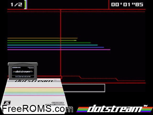 Bit Generations Dotstream (Japan) Gameboy Advance game showing 3D box cover and gameplay screenshot