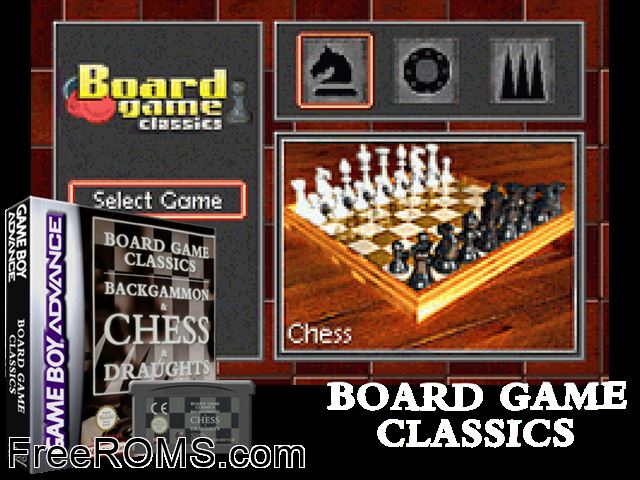 Board Game Classics Gameboy Advance game showing 3D box cover and gameplay screenshot