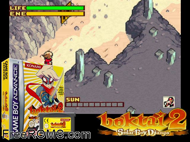 Boktai 2 - Solar Boy Django Gameboy Advance game showing 3D box cover and gameplay screenshot