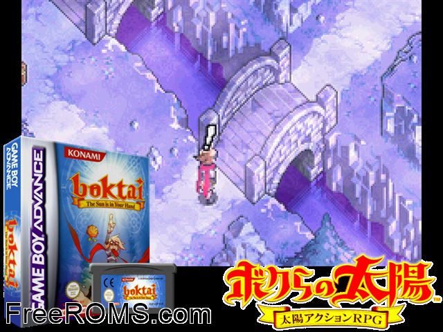 Boktai - The Sun Is In Your Hand Gameboy Advance game showing 3D box cover and gameplay screenshot
